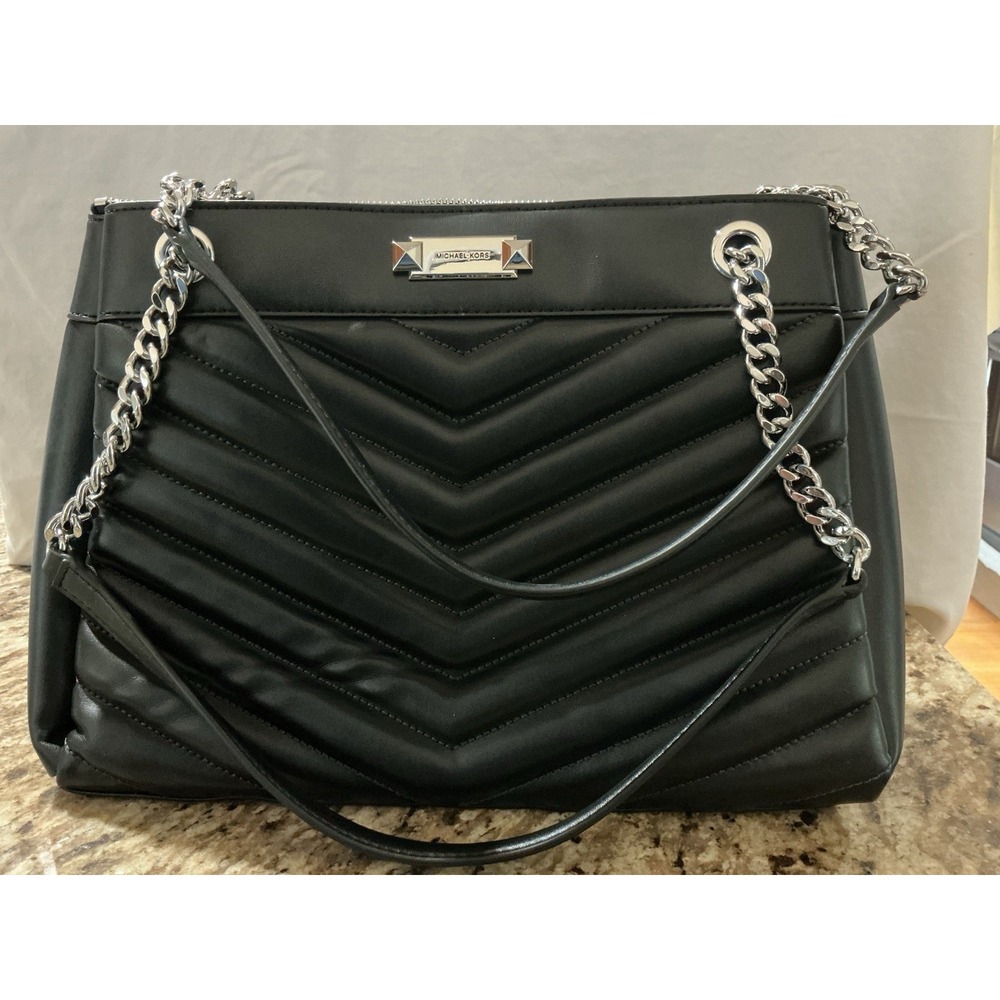 Michael Kors Whitney Medium Black Quilted Chain Shoulder Tote Bag Silver NWT